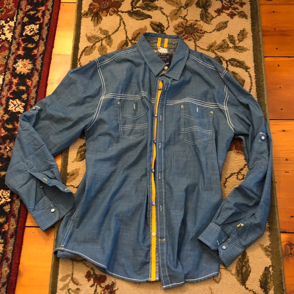 Men's Casual Blue Button-Down Shirt with Yellow Trim
